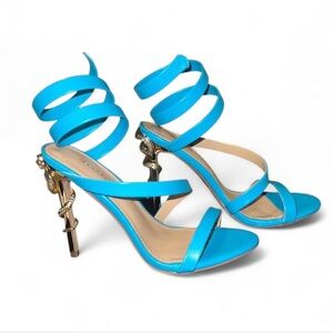 Jasonia Blue Wraparound heels with gold snake design